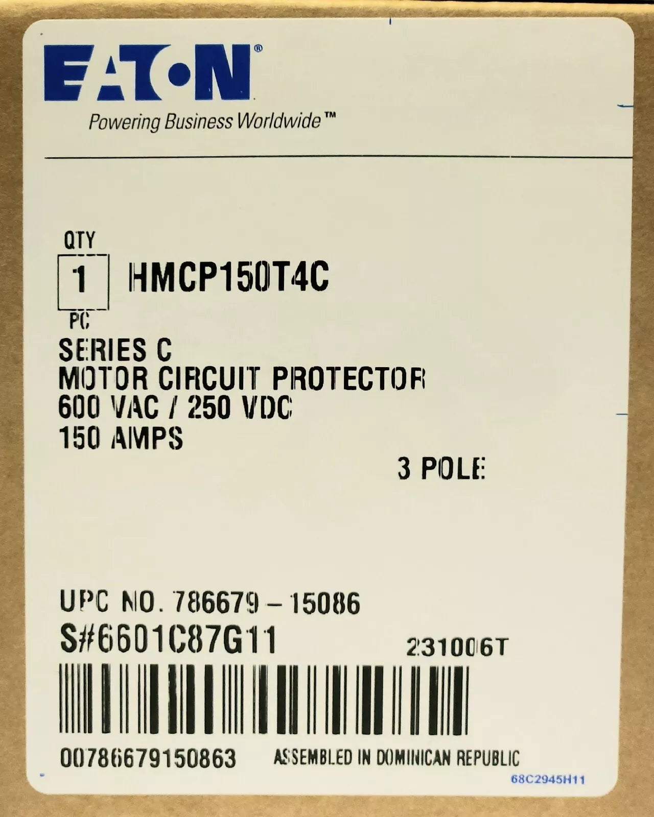 EATON HMCP150T4C 150Amp ThreePole 600Volt HMCP Cutler Hammer