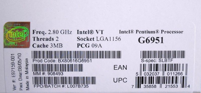 Intel BX80616G6951 / SLBTF Pentium G6951 2.8GHz Socket-LGA1156 3Mb L3 Cache Dual Core Desktop Processor