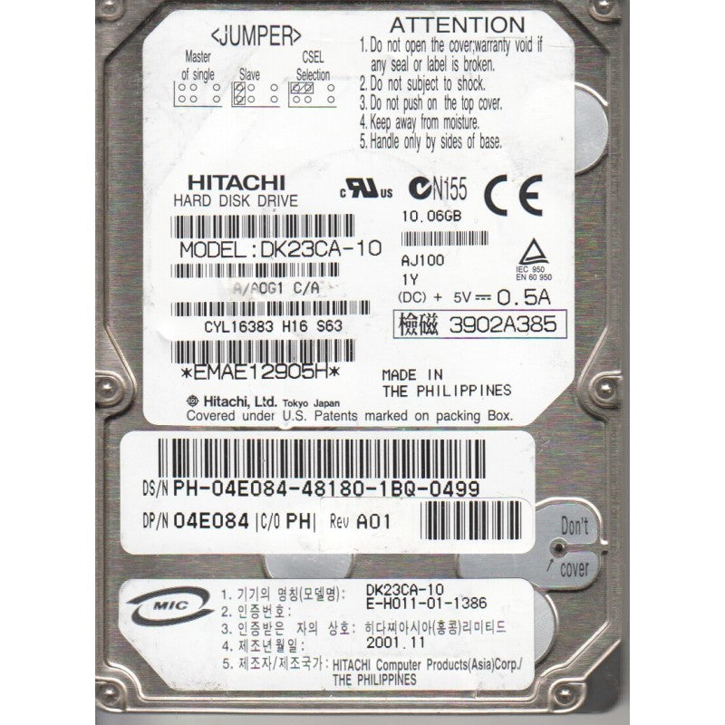 Hitachi DK23CA-10 / 4E084 10Gb 4200Rpm ATA/ATAPI-6, DMA/ATA-100 (Ultra) 512Kb Cache 2.5-Inch Internal Hard Drive