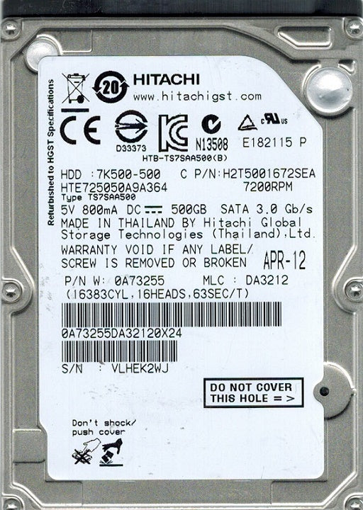 Hitachi 0A73255 Travelstar 7K500 500Gb 7200RPM Serial ATA-3.0Gbps 7-Pin 16Mb Cache 2.5-Inch Internal Hard Drive