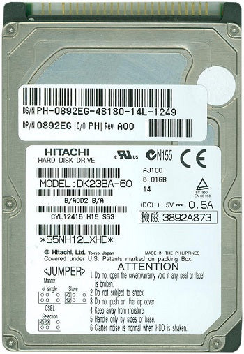 Hitachi DK23BA-60 6.01GB 4200RPM 512KB ATA-66 IDE 9.5MM Hard Drive