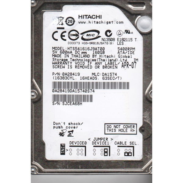 HGST HTS541616J9AT00 0A28419 160Gb 5400RPM IDE Ultra ATA100 2.5-Inch Internal Hard Drive