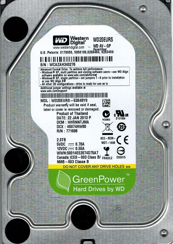 Western Digital WD20EURS AV-GP 2Tb IntelliPower Serial ATA-3.0Gbps 3.5-Inch 64Mb Cache Hard Drive