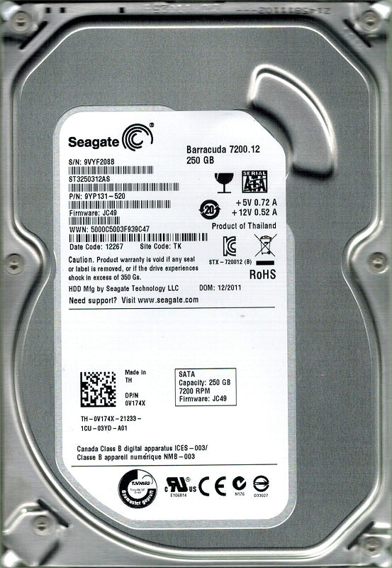 Seagate ST3250312AS / 9YP131-304 Barracuda 250Gb 7200Rpm SATA-6.0Gbps 8Mb Cache 3.5-Inch Internal Hard Drive