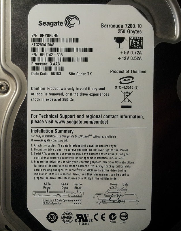 Seagate ST3250410AS / 9EU142-305 Barracuda 7200.10 250Gb 7200Rpm SATA-6.0Gbps 16Mb Cache 3.5-Inch Internal Hard Drive