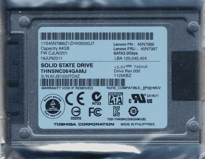 Toshiba THNSNC064GAMJ 64Gb Micro-Serial ATA uSATA 3.0Gbps 1.8-Inch Solid State Drive (SSD) 45N7986 45N7987