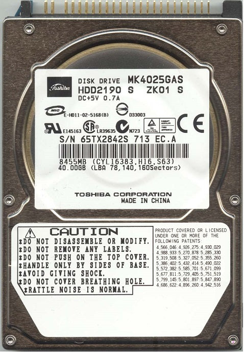 Toshiba MK4025GAS / HDD2190 40Gb 4200RPM IDE Ultra ATA-100 8Mb Cache 2.5-Inch Internal Notebook Hard Drive