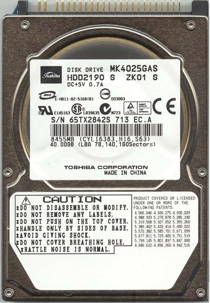 Toshiba MK4025GAS / HDD2190 40Gb 4200RPM IDE Ultra ATA-100 8Mb Cache  2.5-Inch Internal Notebook Hard Drive