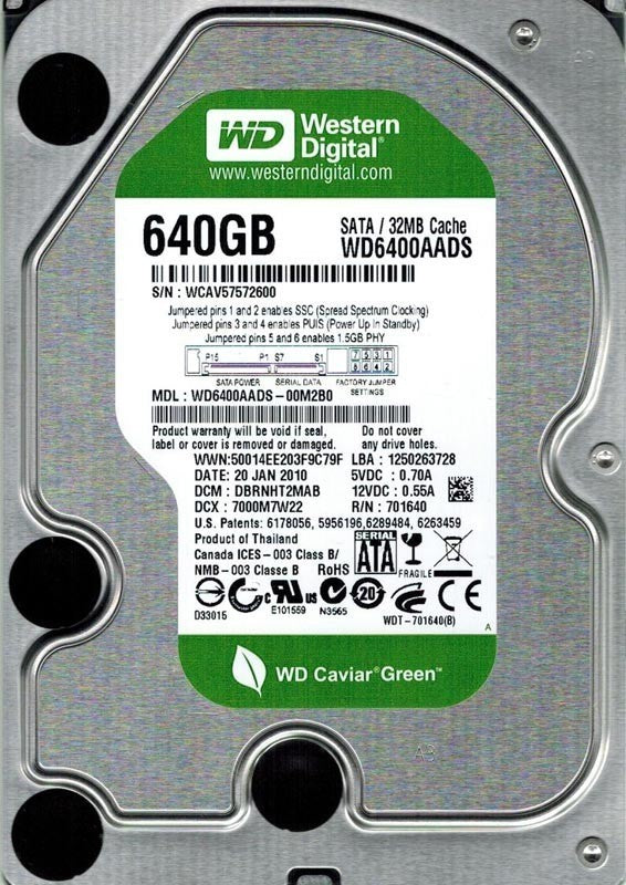 Western Digital WD6400AADS WD Caviar Green 640Gb 7200Rpm Serial ATA-3.0Gbps 32Mb Cache 3.5-Inch Internal Hard Drive