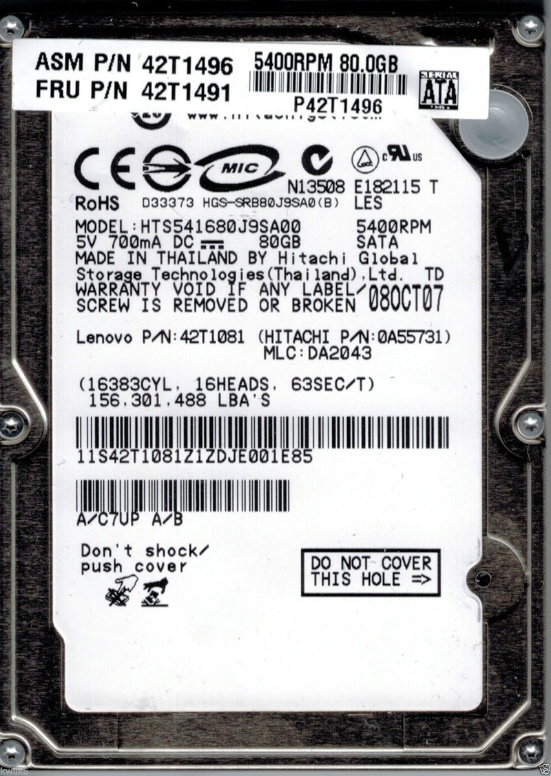 Hitachi Travelstar 5K160 42T1028 80GB 5400RPM 8MB Buffer SATA-150 2.5" Notebook Hard Drive