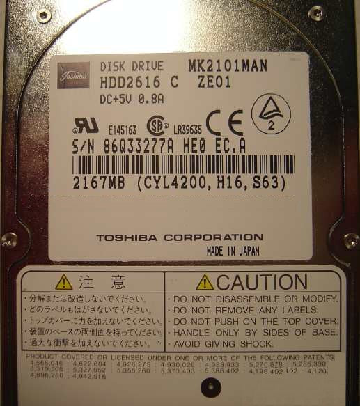 Toshiba MK2101MAN 2167MB 4200RPM IDE 2.5" 19MM Notebook Hard Drive (HDD2616)