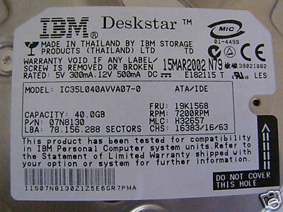 IBM Deskstar 120GXP 07N8130 40GB 7200RPM 2MB Buffer ATA-100 3.5" Hard Drive