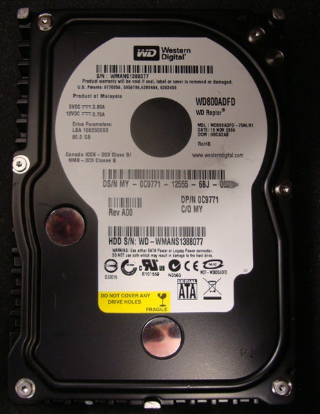 Western Digital WD800ADFD / 414213-001 Raptor 80Gb 10000RPM SATA-1.5Gbps 16Mb Cache 3.5-Inch Internal Hard Drive