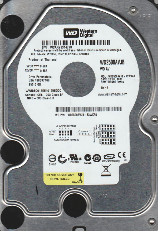 WesternDigital WD2500AVJB 250GB 7200RPM 8MB Cache IDE-Ultra ATA100 / ATA-6 3.5" Internal Hard Drive