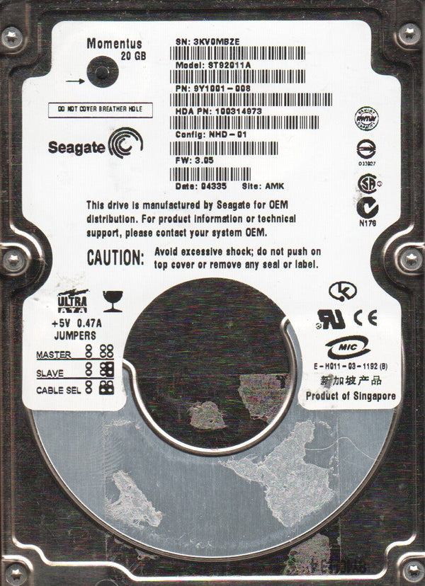 Seagate ST92011A 20GB 5400RPM 9.5MM 2MB ATA/100 2.5" Hard Drive
